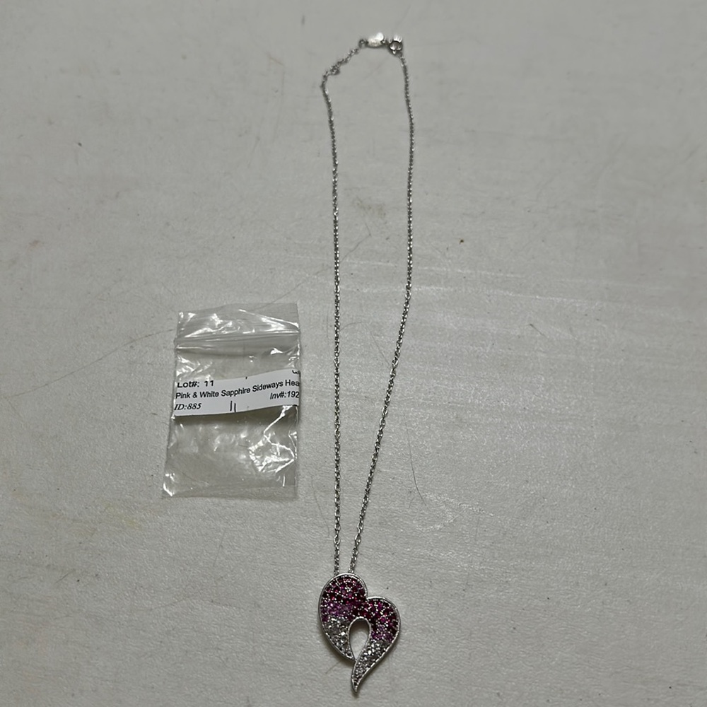 Beautiful Pink and White Sapphire Sideways Heart Necklace